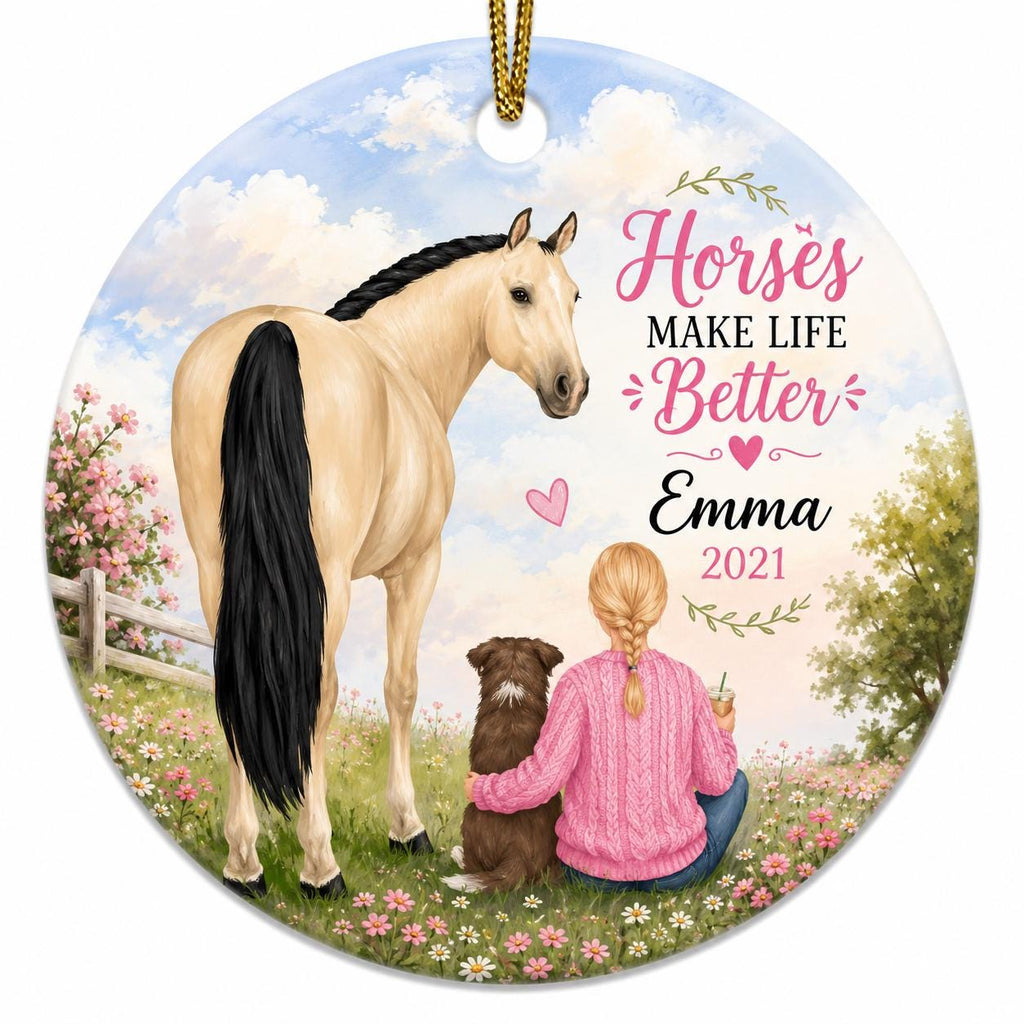 Girl Horse Dog Ornament, Blonde Ponytail Keepsake, Buckskin Horse Ceramic DecorPersonalized