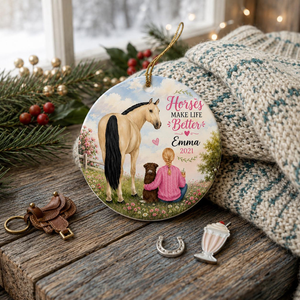 Girl Horse Dog Ornament, Blonde Ponytail Keepsake, Buckskin Horse Ceramic DecorPersonalized