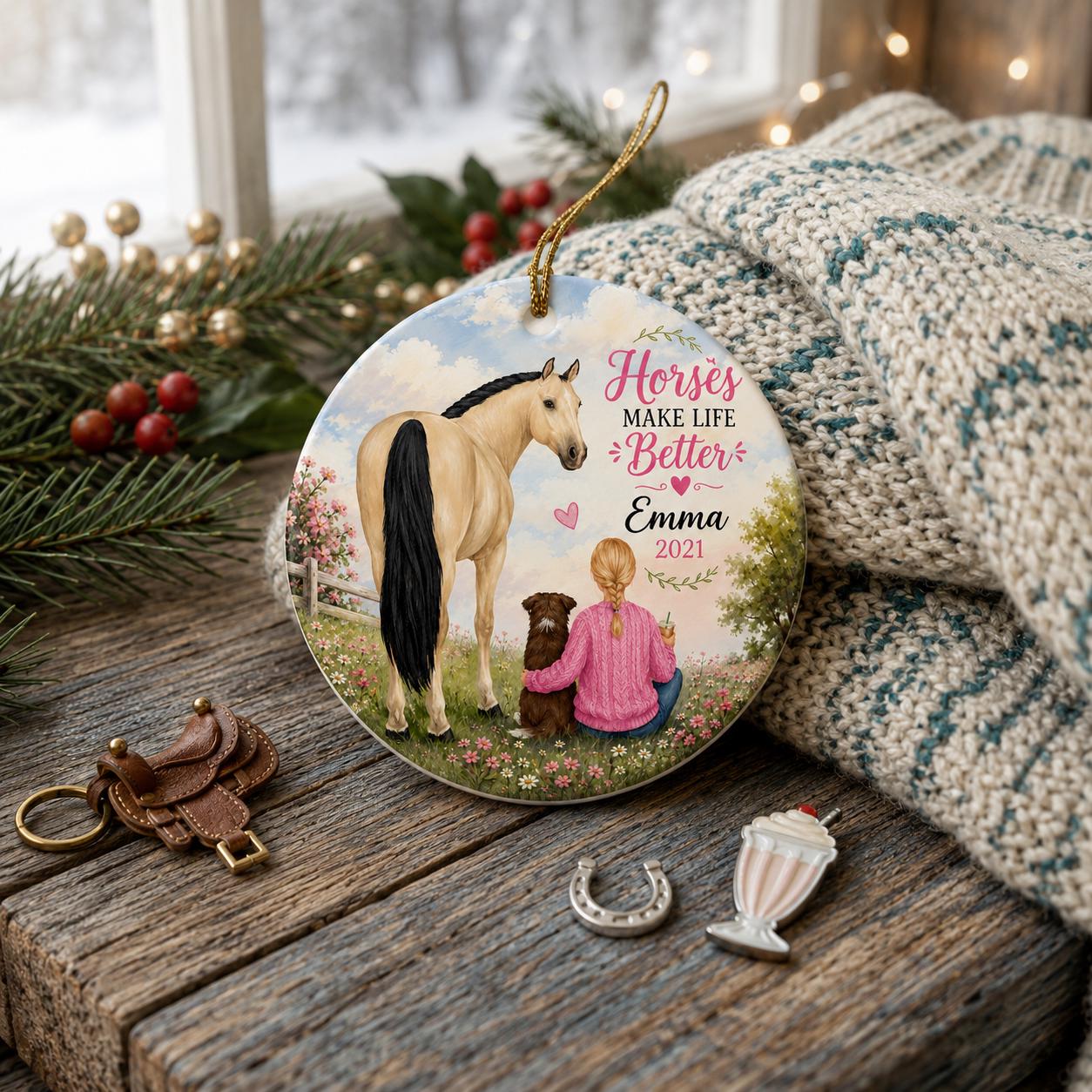 Girl Horse Dog Ornament, Blonde Ponytail Keepsake, Buckskin Horse Ceramic DecorPersonalized