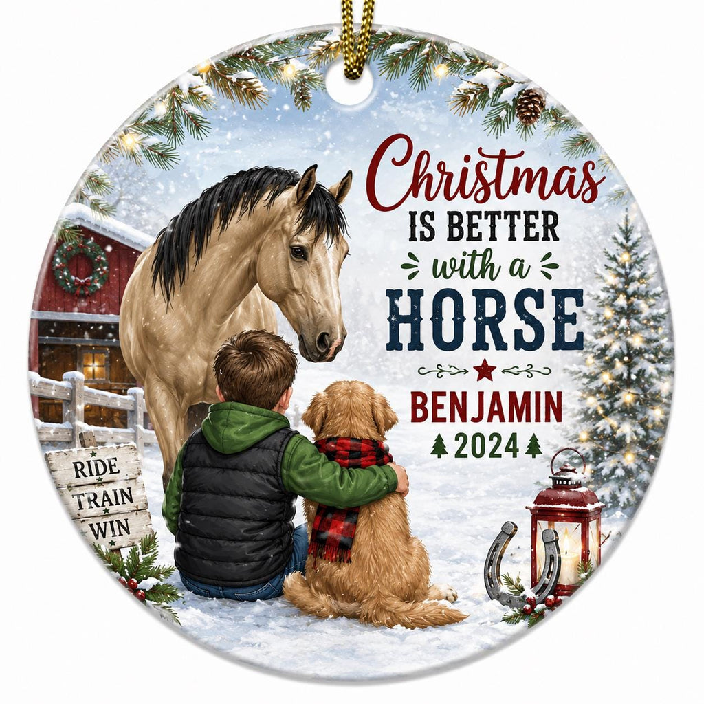 Boy Horse Christmas Ornament, Custom Name Ceramic Keepsake, Winter Farm DecorPersonalized