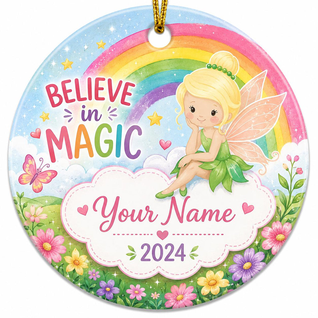 Fairy Rainbow Ceramic Ornament, Custom Name Keepsake, Whimsical DecorPersonalized