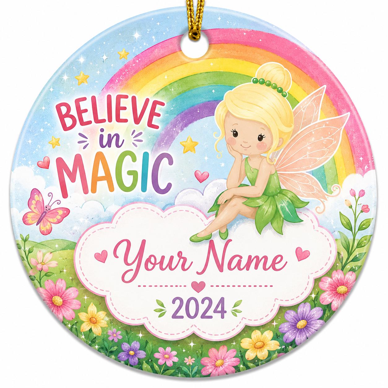 Fairy Rainbow Ceramic Ornament, Custom Name Keepsake, Whimsical DecorPersonalized