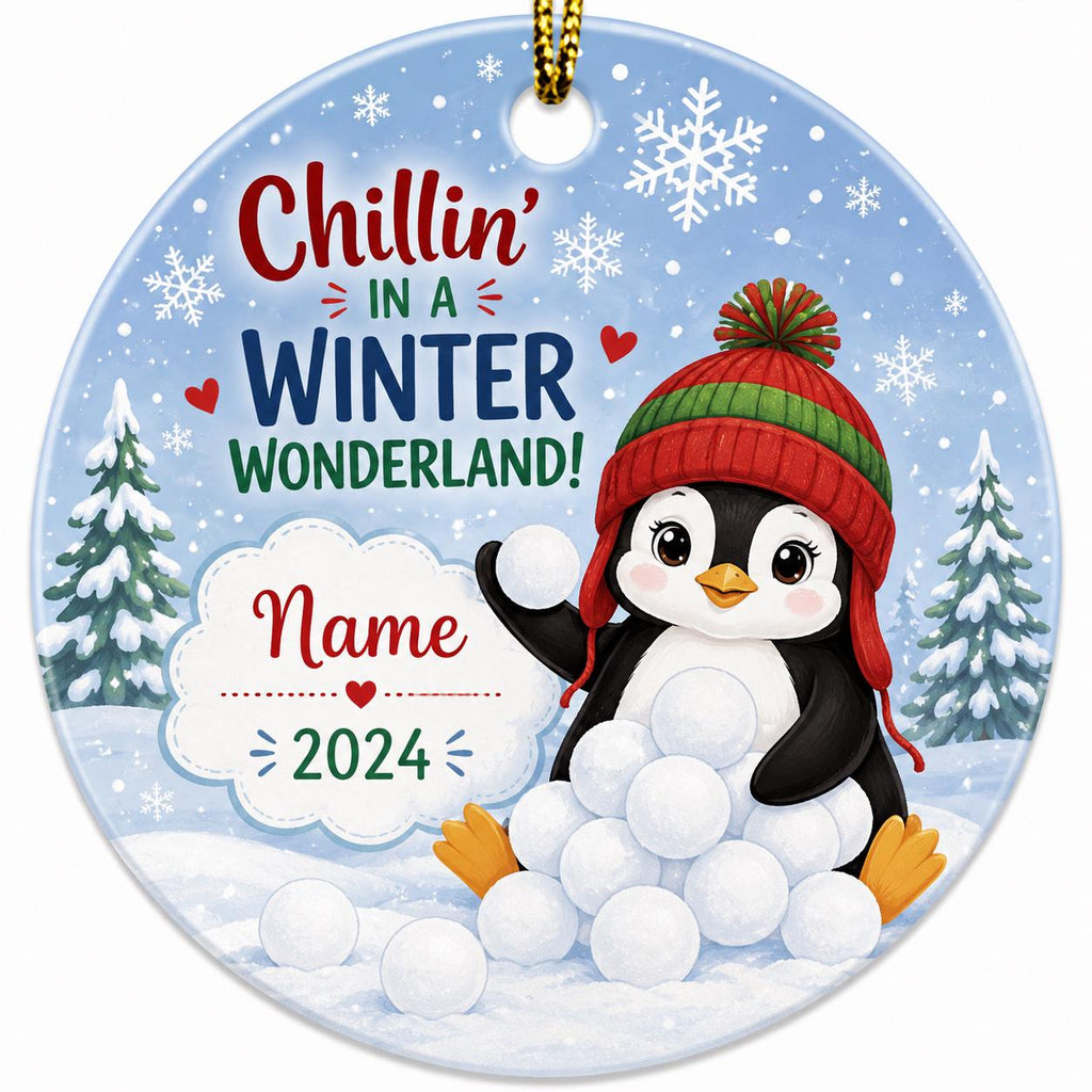 Penguin Christmas Ornament, Custom Name Winter Snowball Decor, Ceramic Holiday KeepsakePersonalized