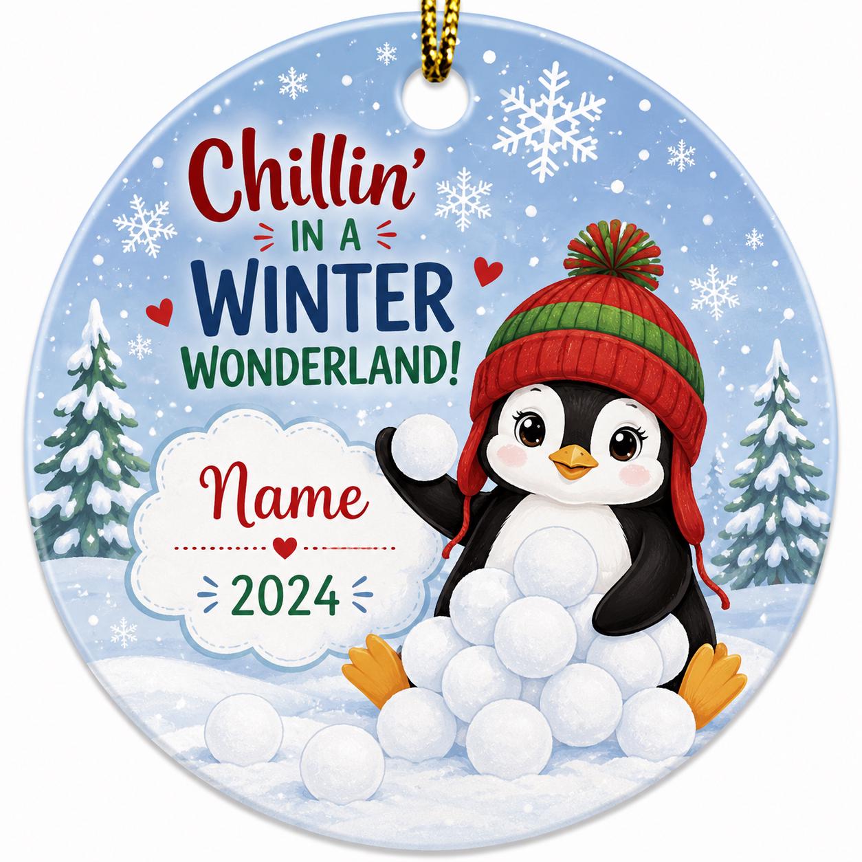 Penguin Christmas Ornament, Custom Name Winter Snowball Decor, Ceramic Holiday KeepsakePersonalized