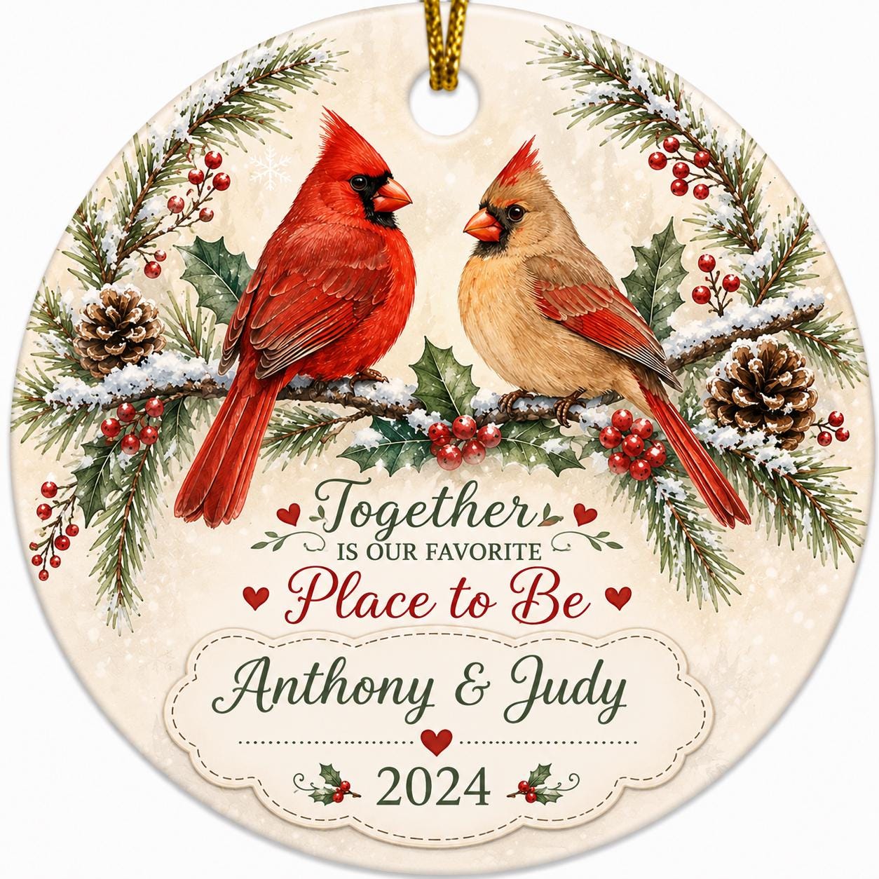 Cardinal Couple Ornament, Watercolor Holly Berry Ceramic KeepsakePersonalized