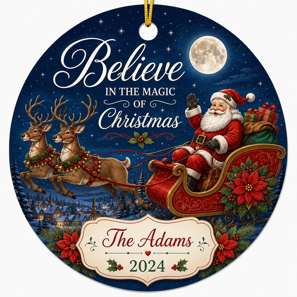 Believe Santa Sleigh Ornament, Custom Family Name, Vintage Saint Nick Ceramic KeepsakePersonalized