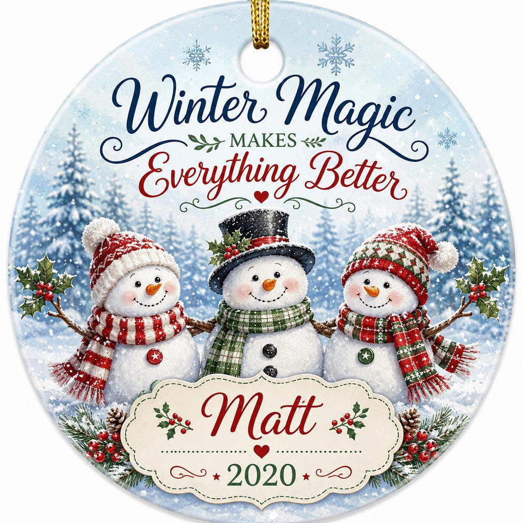 Customizable Winter Magic Snowman Ornament, Ceramic Trio Family Keepsake, Snowy Mountain ArtPersonalized