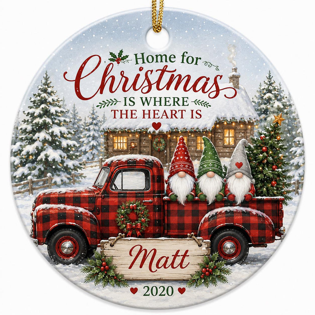 Christmas Gnome Truck Ornament, Buffalo Plaid Farmhouse KeepsakePersonalized