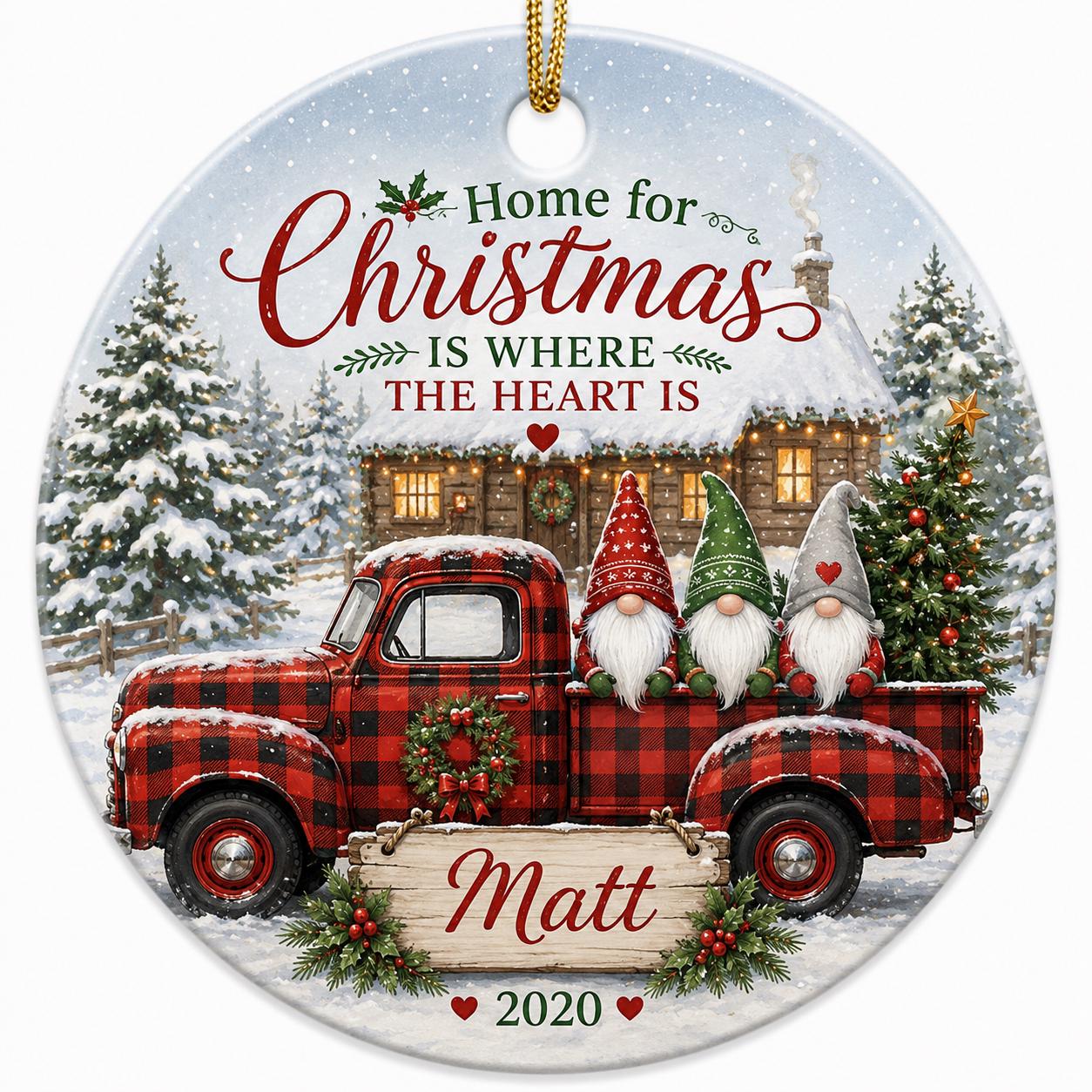 Christmas Gnome Truck Ornament, Buffalo Plaid Farmhouse KeepsakePersonalized