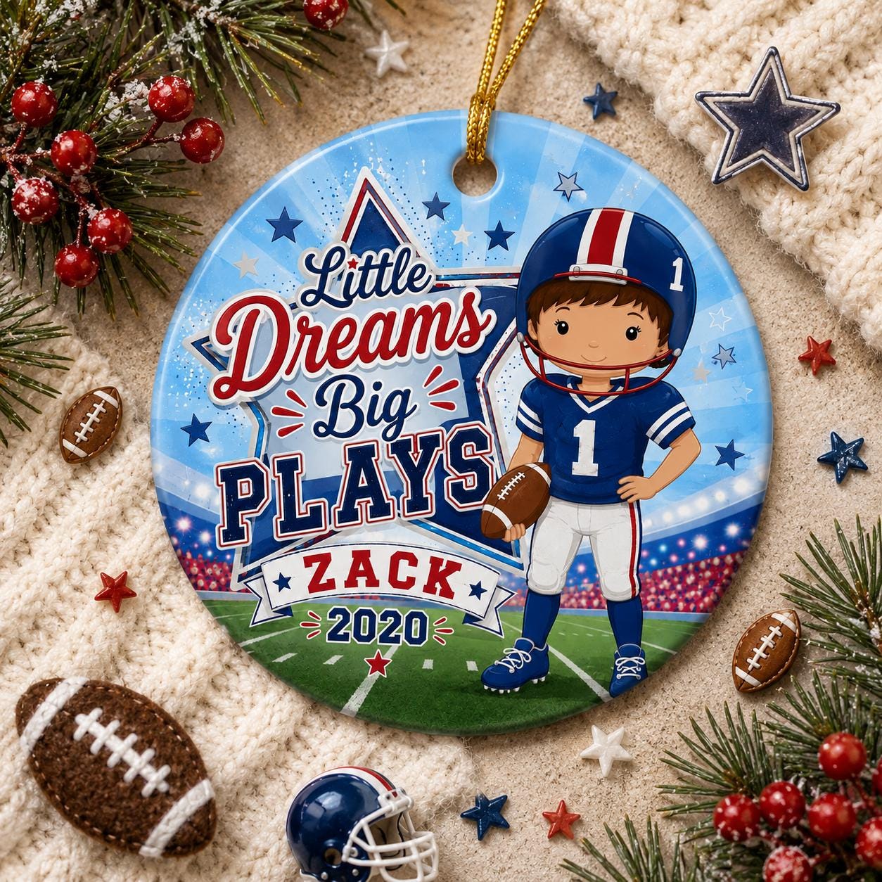Football Ornament, Custom Boy Player Gift, Lime Green Blue Sports KeepsakePersonalized