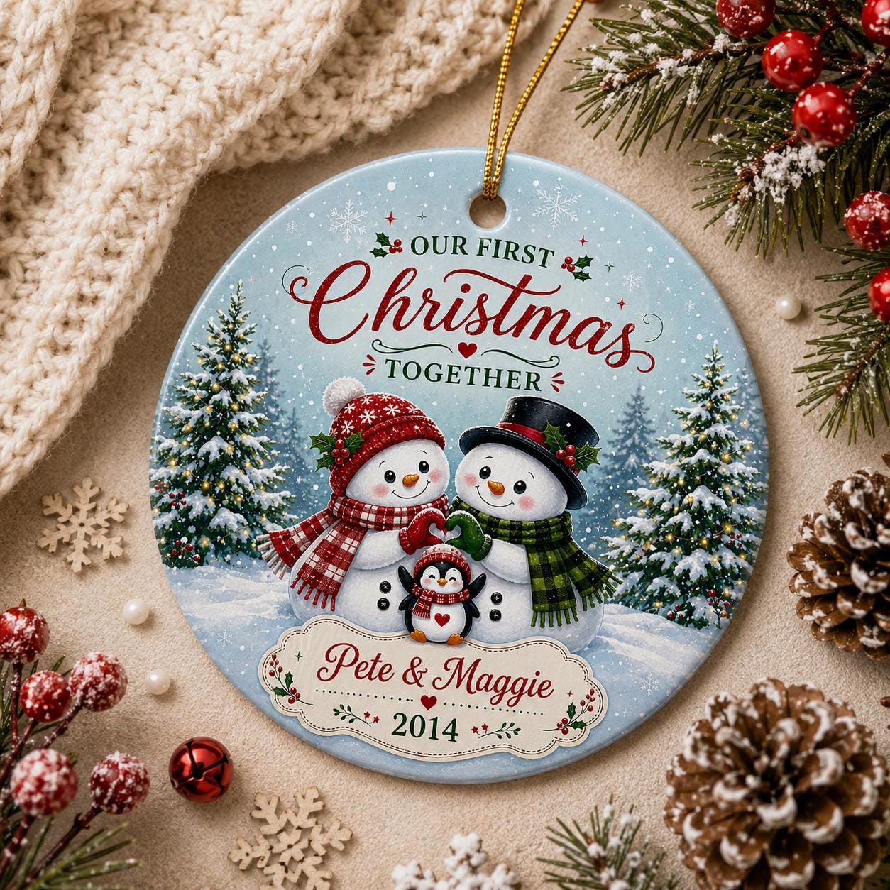 First Christmas Together Ornament, Snowman Penguin Couple KeepsakePersonalized