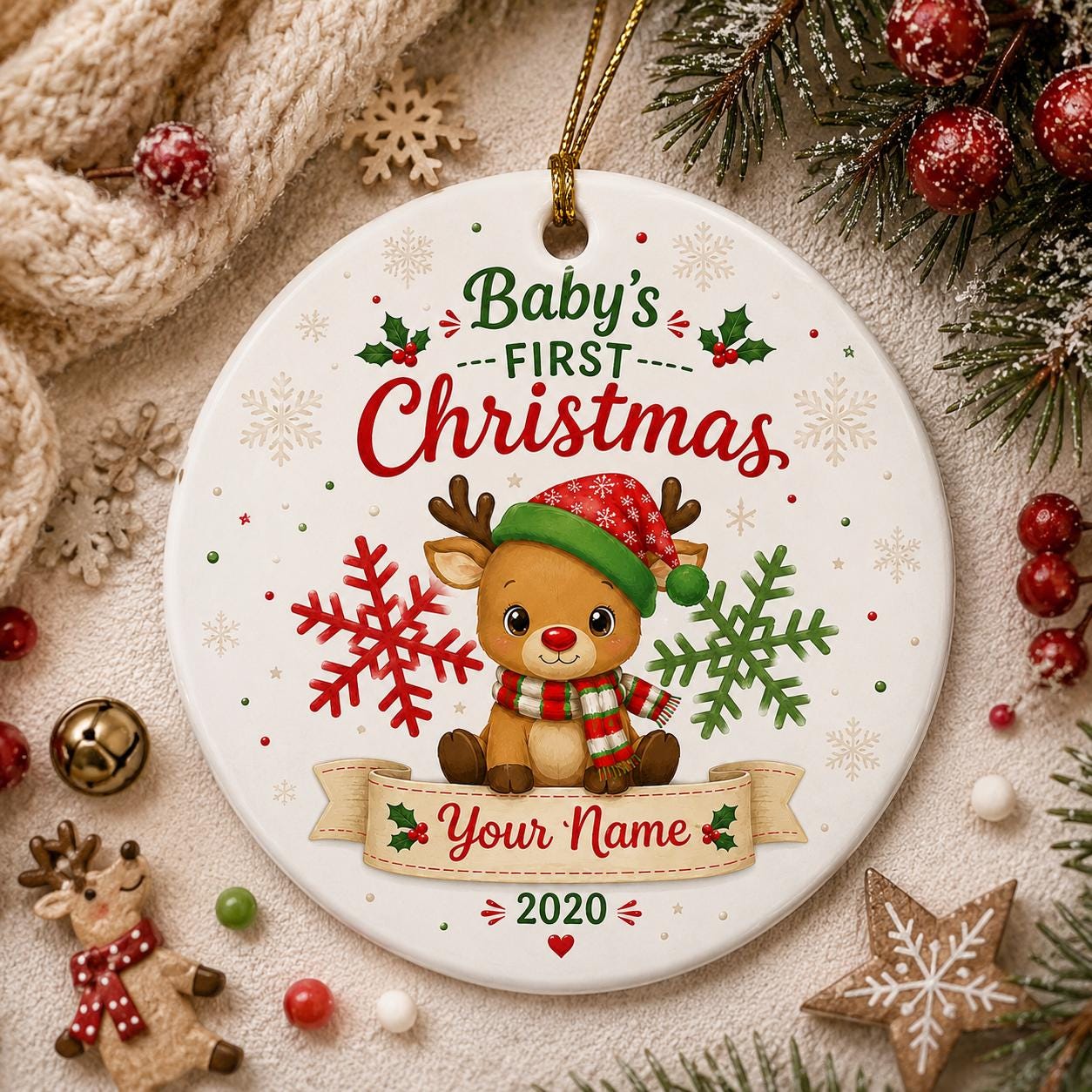Baby's First Christmas Reindeer Ornament, Custom Name Keepsake, New Baby Holiday DecorPersonalized