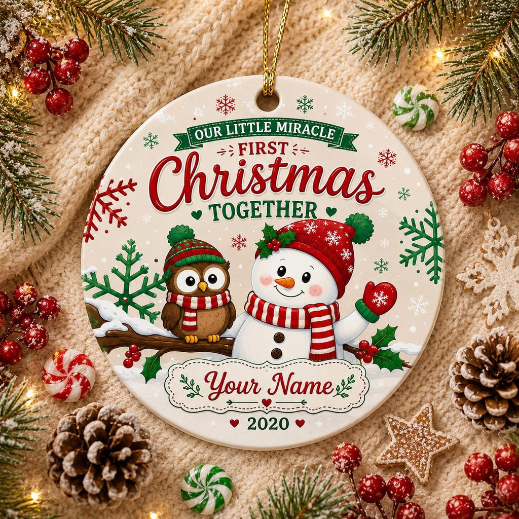Baby's First Christmas Ornament 2020, Snowman Owl Ceramic Keepsake, Winter Holiday DecorPersonalized