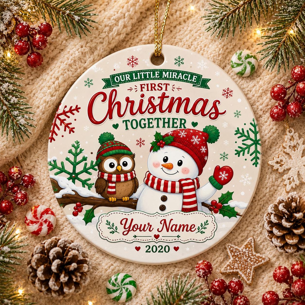 Baby's First Christmas Ornament 2020, Snowman Owl Ceramic Keepsake, Winter Holiday DecorPersonalized