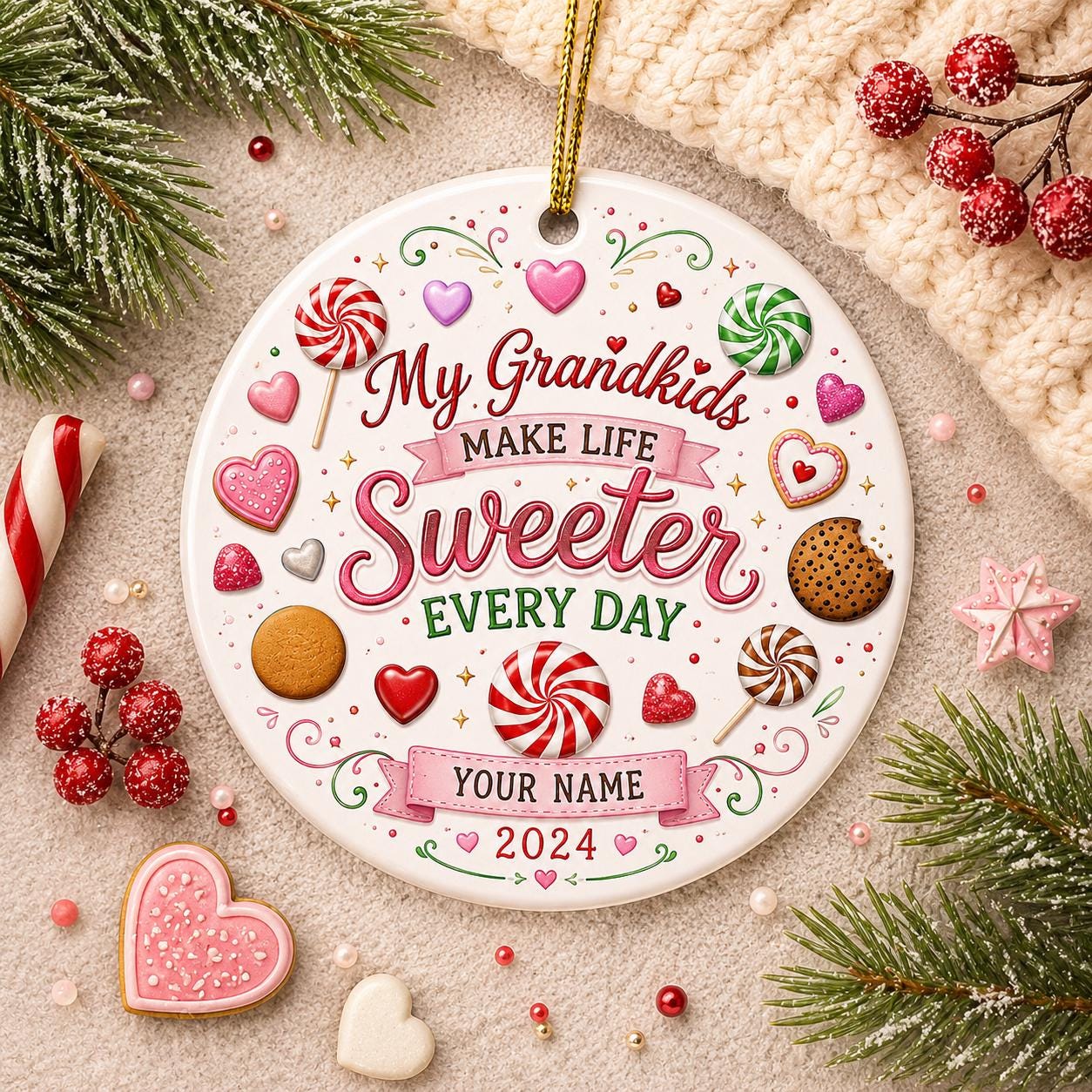 Grandkids Make Life Sweeter Ceramic Ornament, Candy Christmas Decor, Grandparent GiftPersonalized