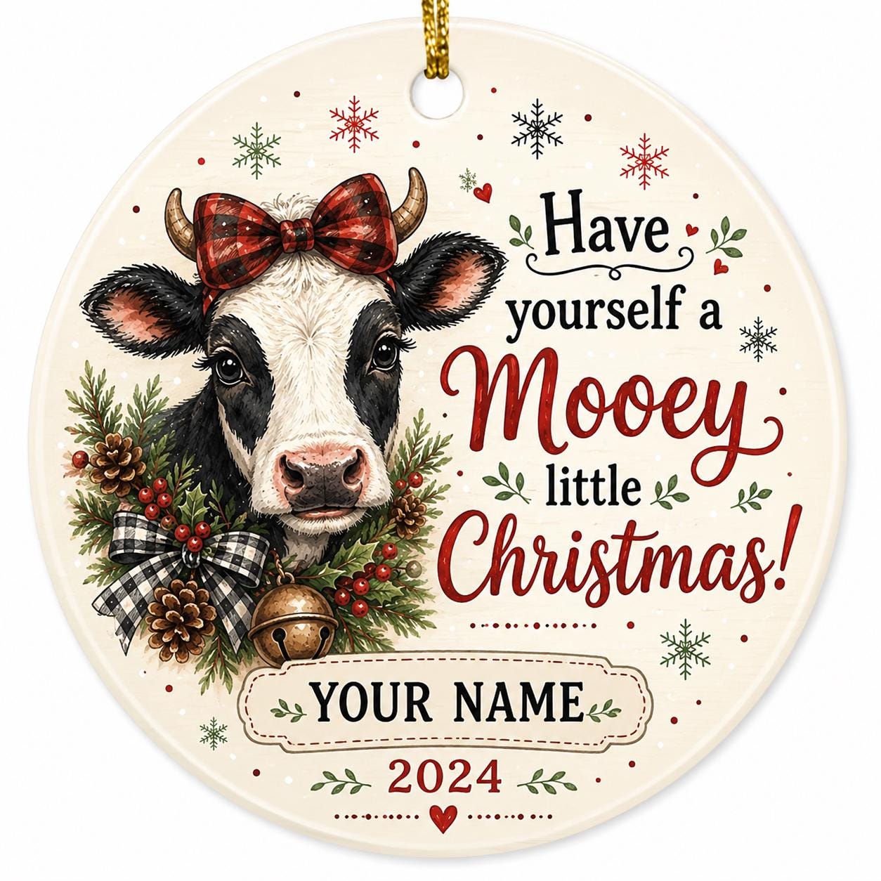 Cow Christmas Ornament, Buffalo Plaid Farmhouse Decor, Country Holiday KeepsakePersonalized