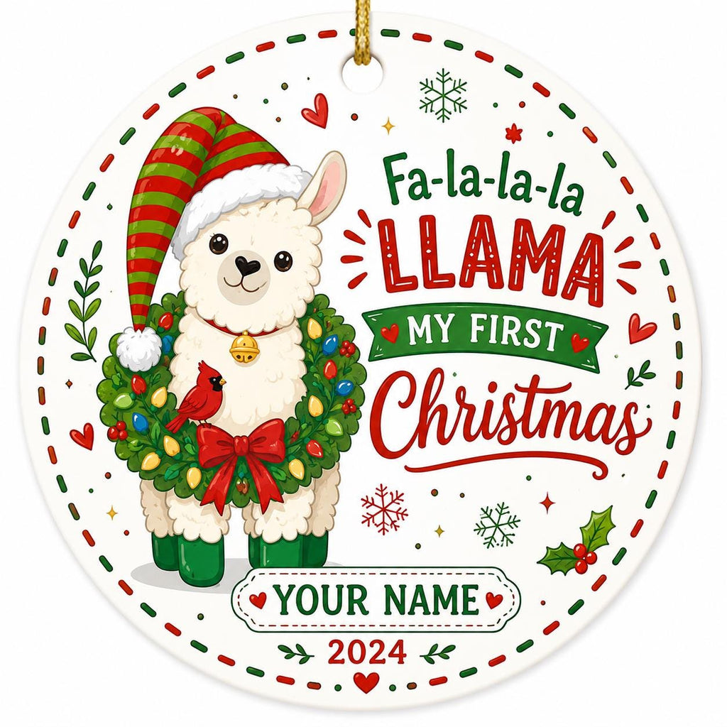 Christmas Llama Ornament, Festive Alpaca, Red Green Stripes, Whimsical Tree DecorPersonalized