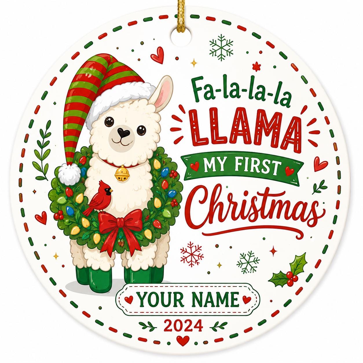 Christmas Llama Ornament, Festive Alpaca, Red Green Stripes, Whimsical Tree DecorPersonalized