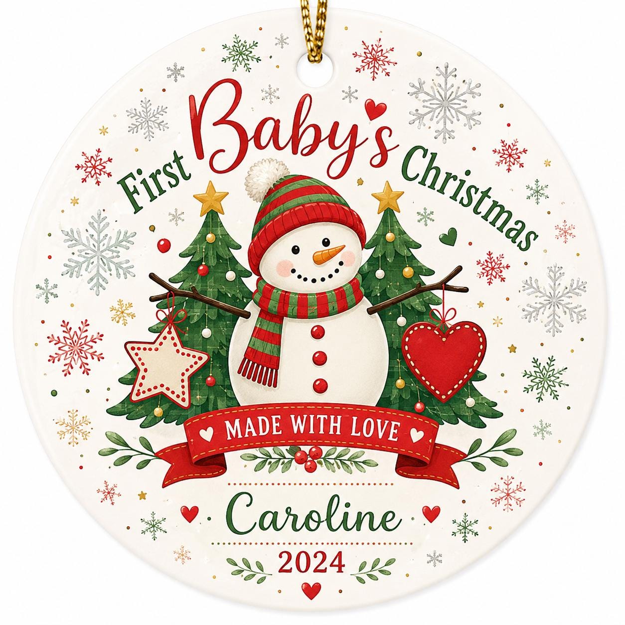 Snowman Ceramic Ornament, Baby's First Christmas Keepsake, Custom Name KeepsakePersonalized