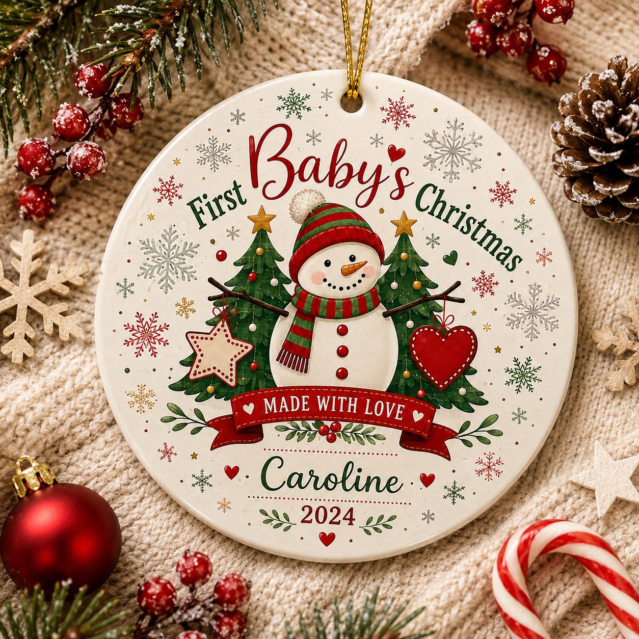 Snowman Ceramic Ornament, Baby's First Christmas Keepsake, Custom Name KeepsakePersonalized