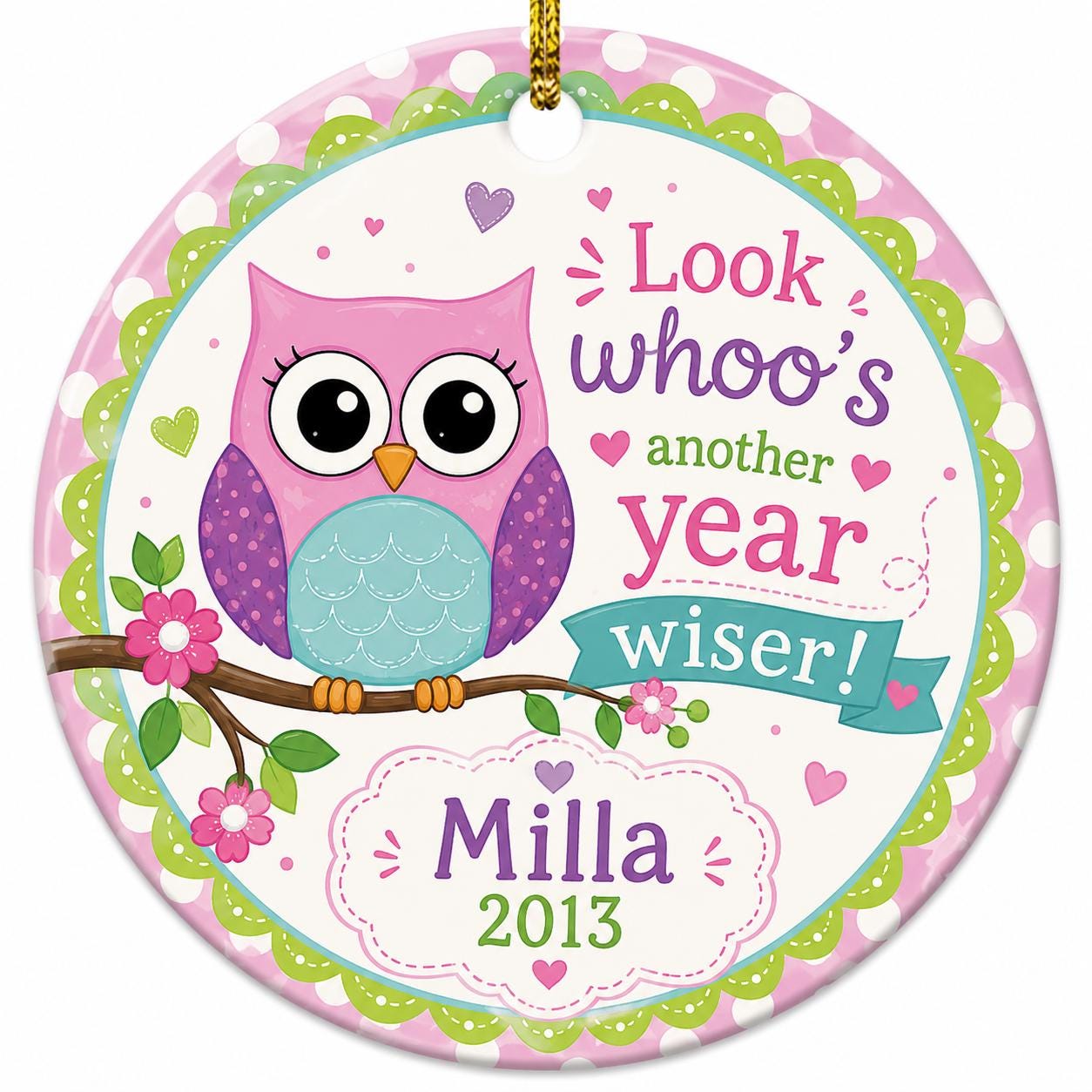 Owl Christmas Ornament, Whimsical Cartoon Decor, Kids Keepsake (Custom Year)Personalized