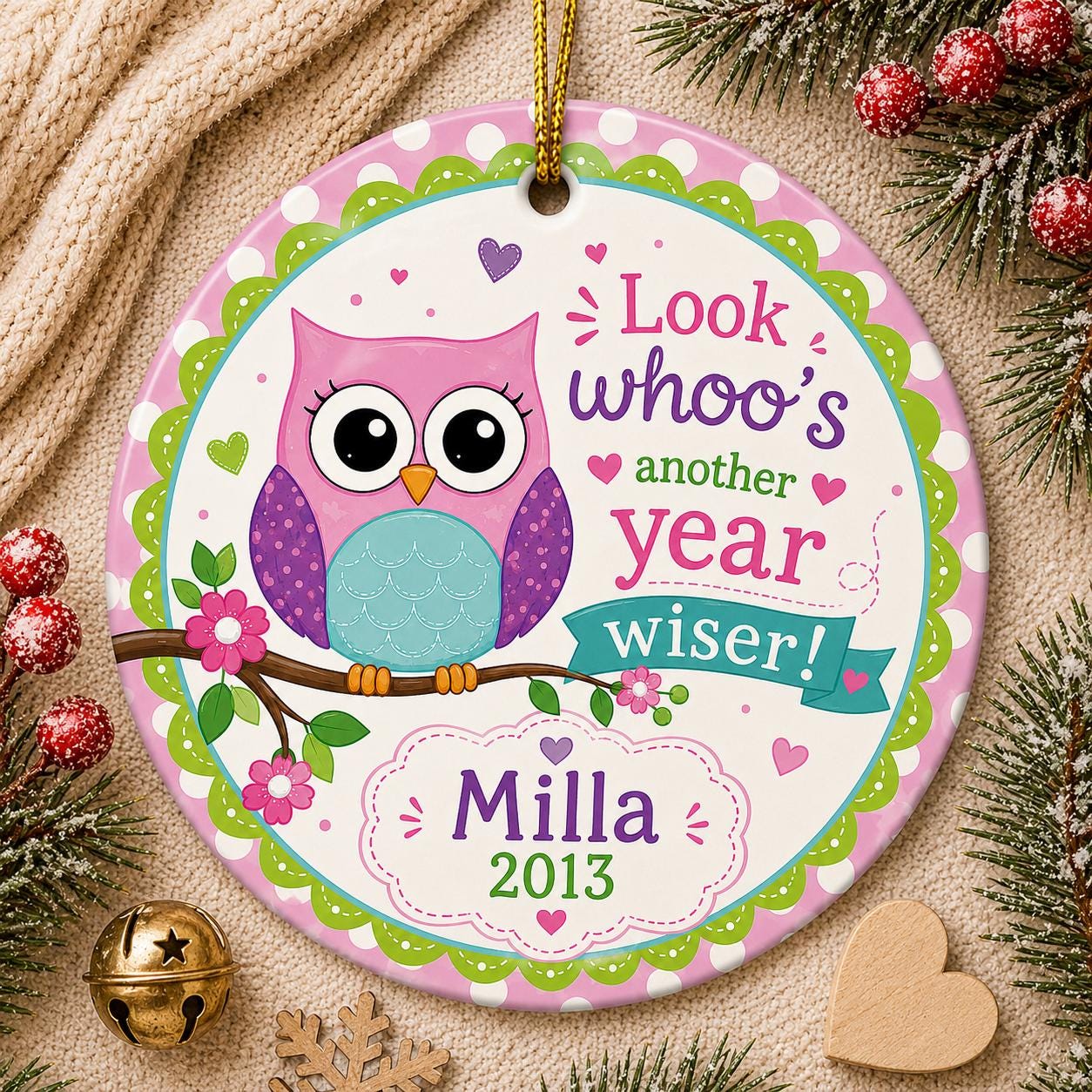 Owl Christmas Ornament, Whimsical Cartoon Decor, Kids Keepsake (Custom Year)Personalized