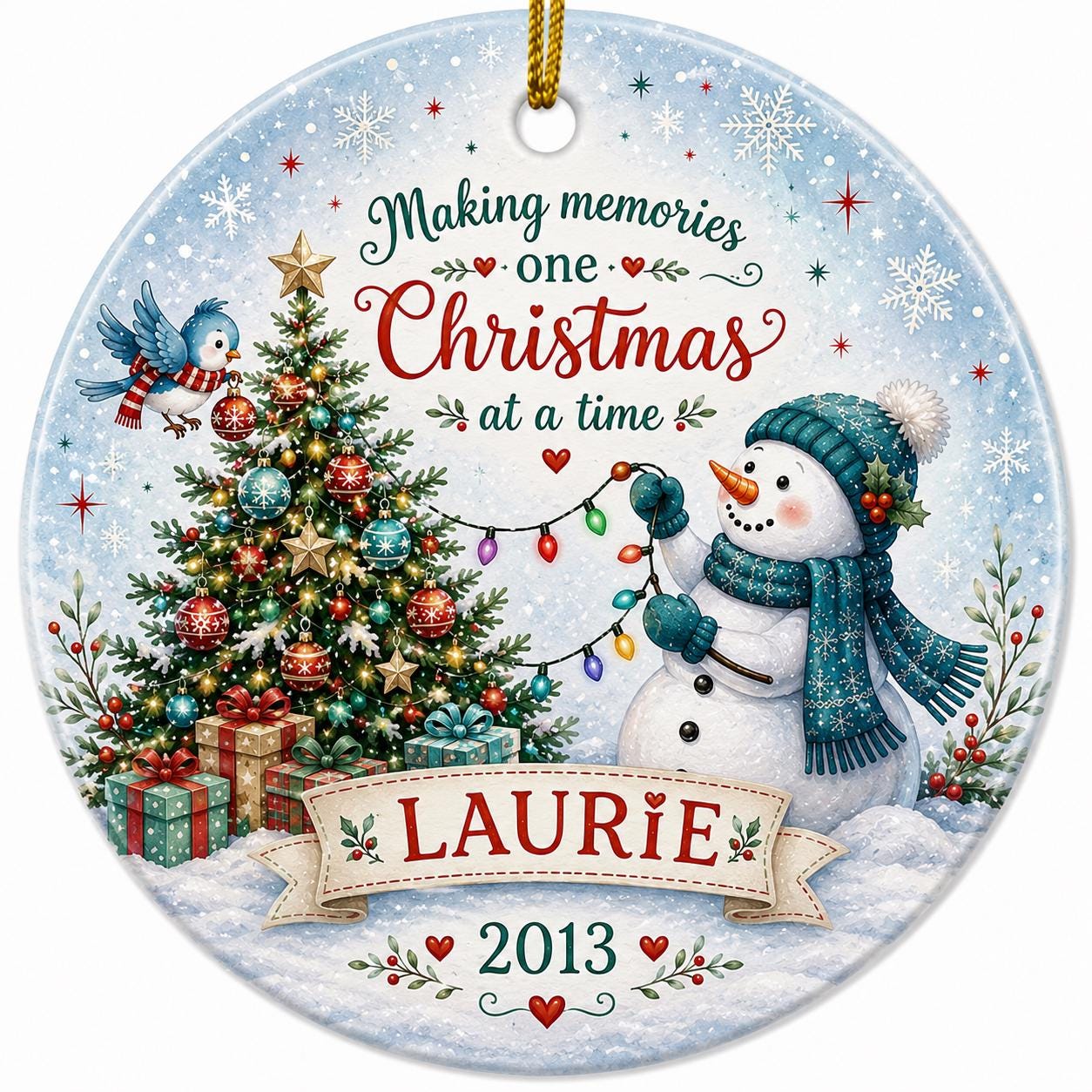 Snowman Christmas Ornament, Blue Damask Winter Scene, Custom Name KeepsakePersonalized