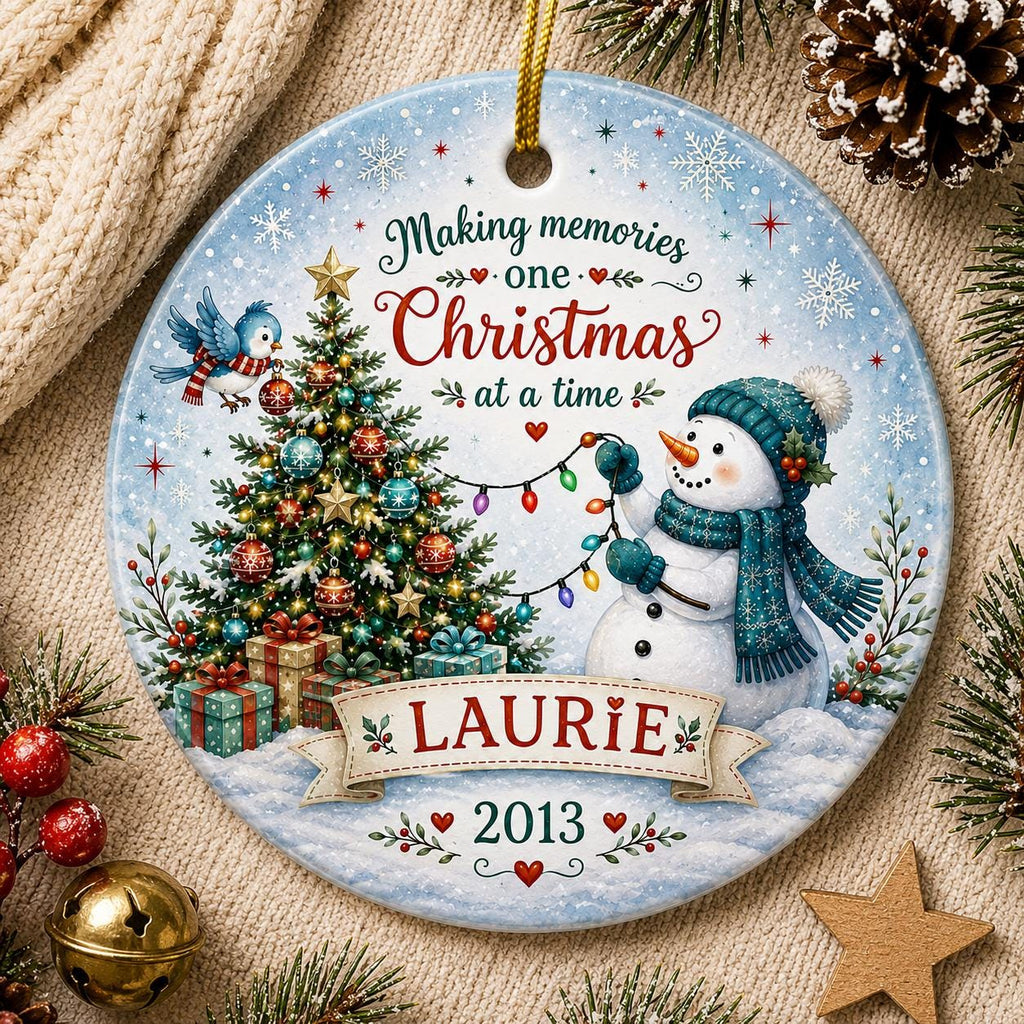 Snowman Christmas Ornament, Blue Damask Winter Scene, Custom Name KeepsakePersonalized