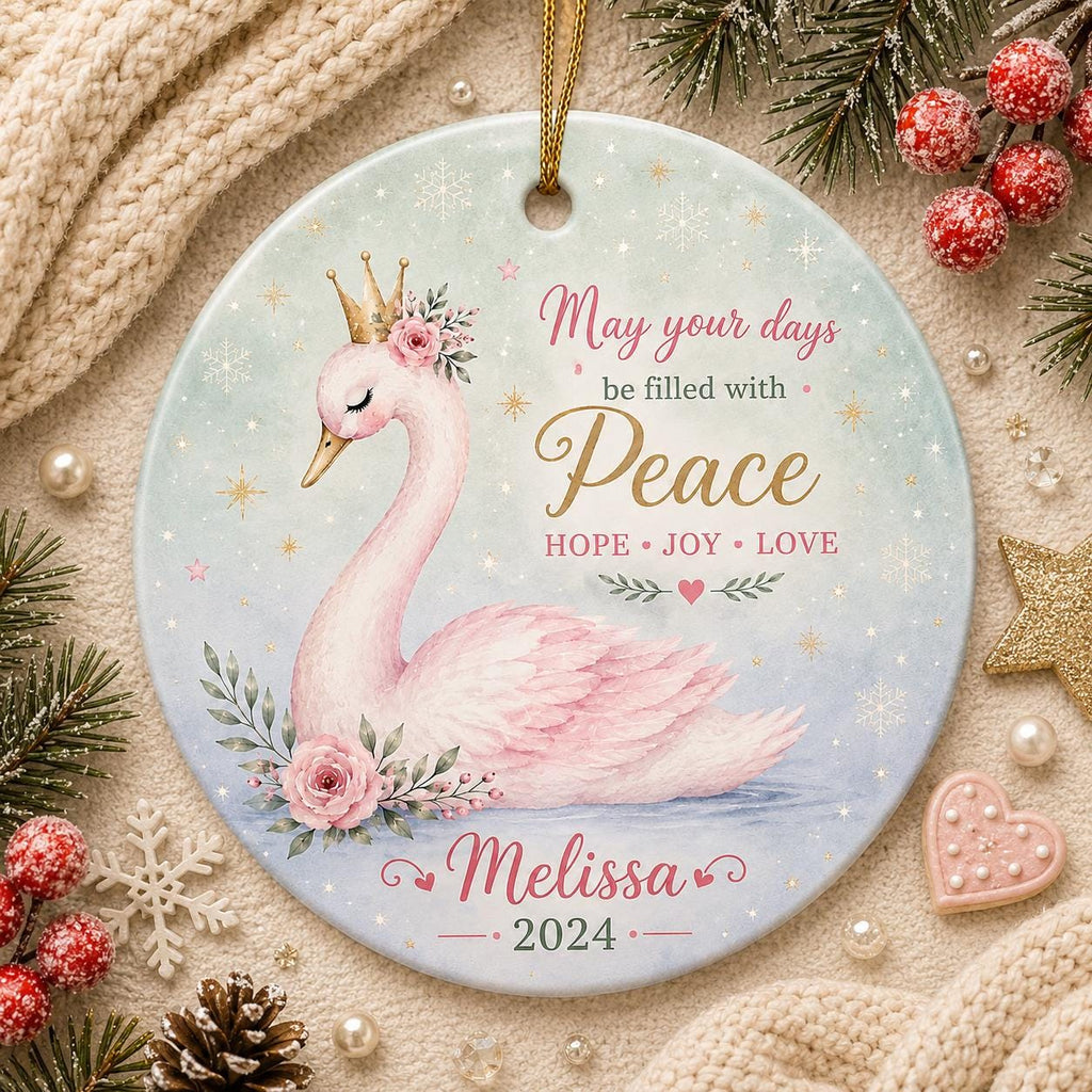 Pink Swan Princess Ornament, Peace Hope Joy Christmas Decor, Personalized Name KeepsakePersonalized