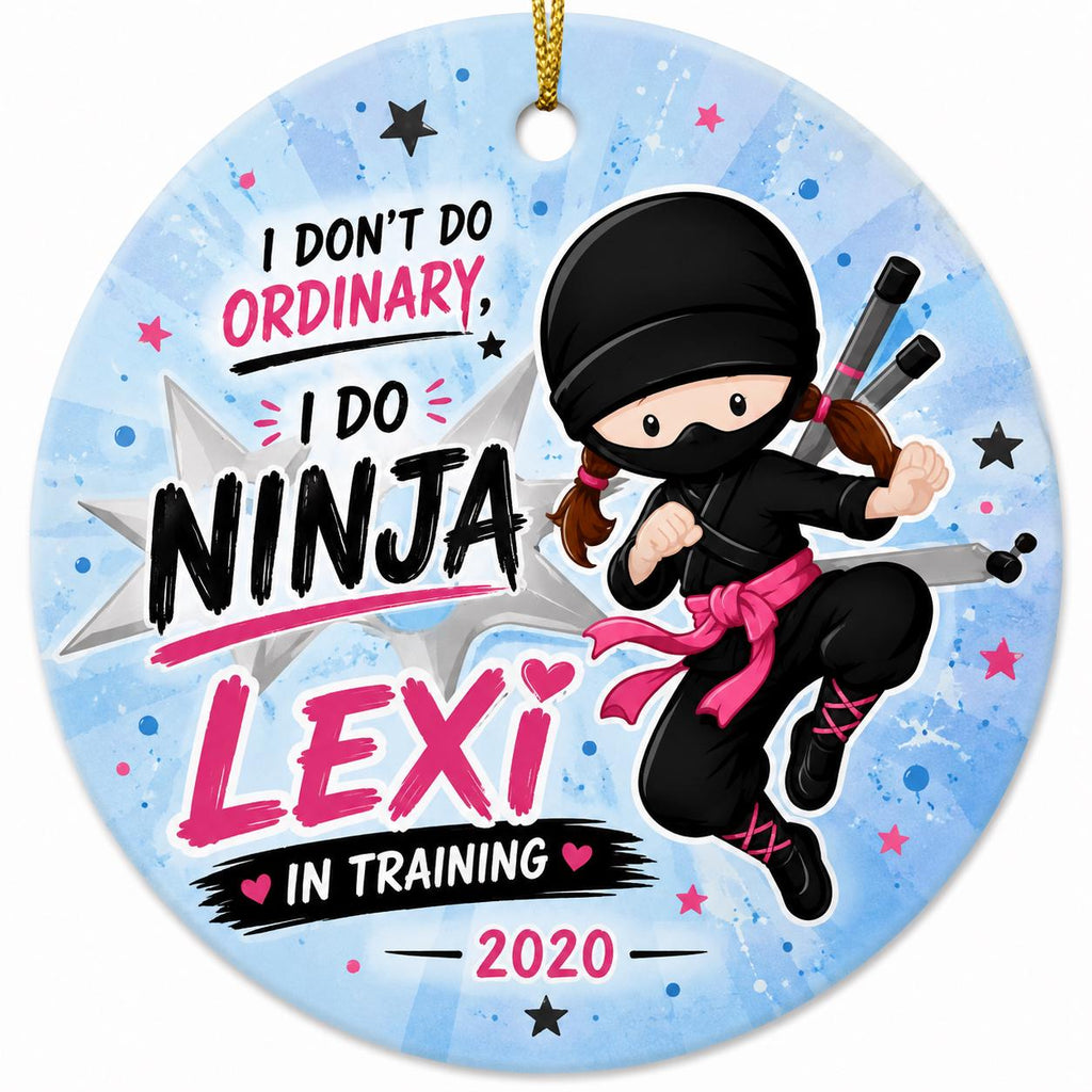 Ninja Girl Ornament, Custom Name Martial Arts Ceramic Keepsake, Pink Belt DecorPersonalized