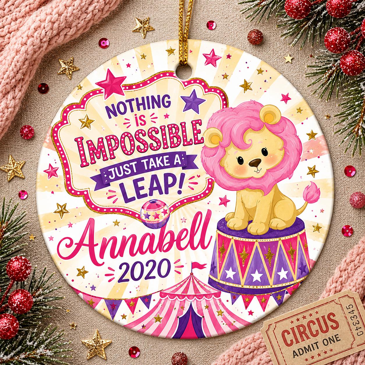 Circus Lion Ornament, Custom Name Keepsake, Pink Nursery DecorPersonalized