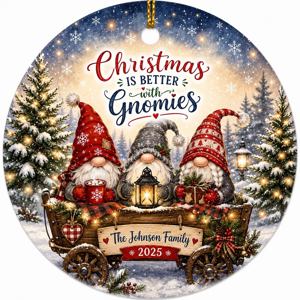 Gnome Family Christmas Ornament, Rustic Winter Wagon Decor, Custom Name GiftPersonalized