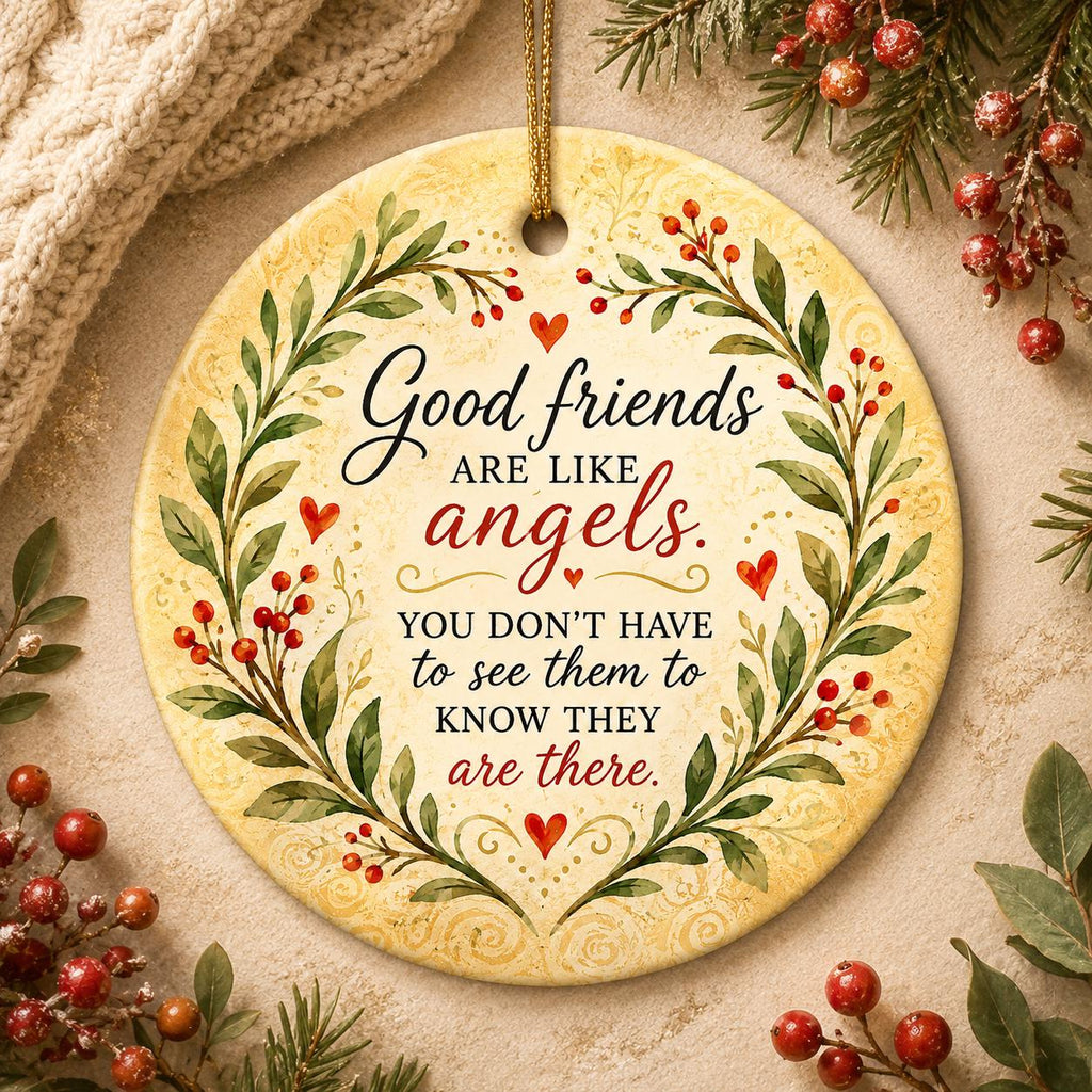 Friendship Angels Ceramic Ornament, Botanical Wreath Quote KeepsakePersonalized
