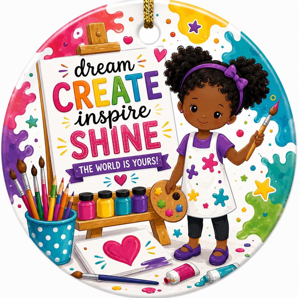 Black Girl Artist Ceramic Ornament, Creative Kids Christmas Gift, Dream Inspire ShinePersonalized