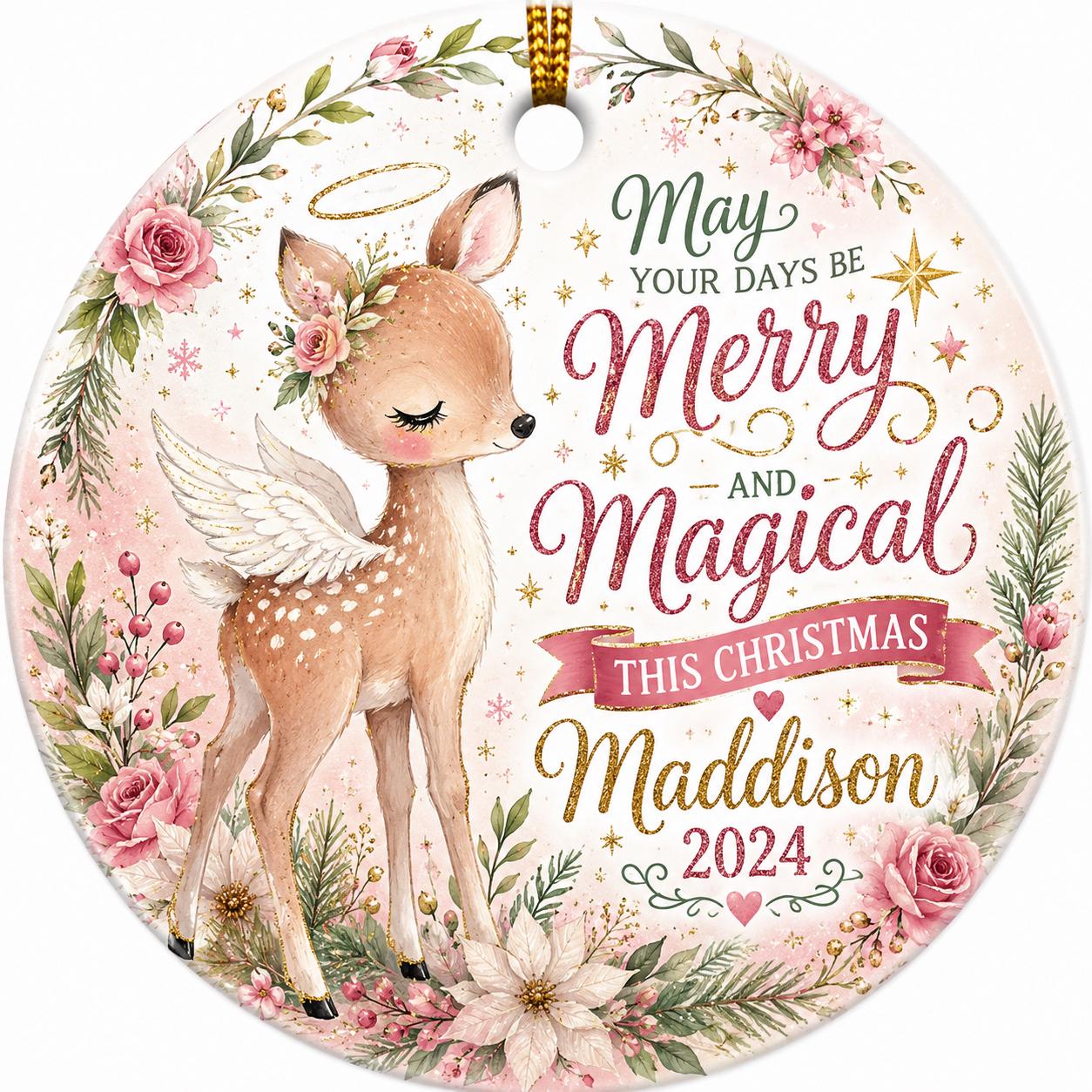 Angel Fawn Ceramic Ornament, Floral Deer Wreath, Watercolor Christmas KeepsakePersonalized