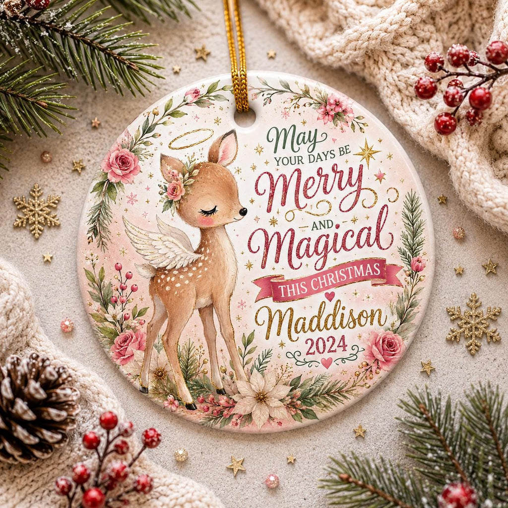 Angel Fawn Ceramic Ornament, Floral Deer Wreath, Watercolor Christmas KeepsakePersonalized