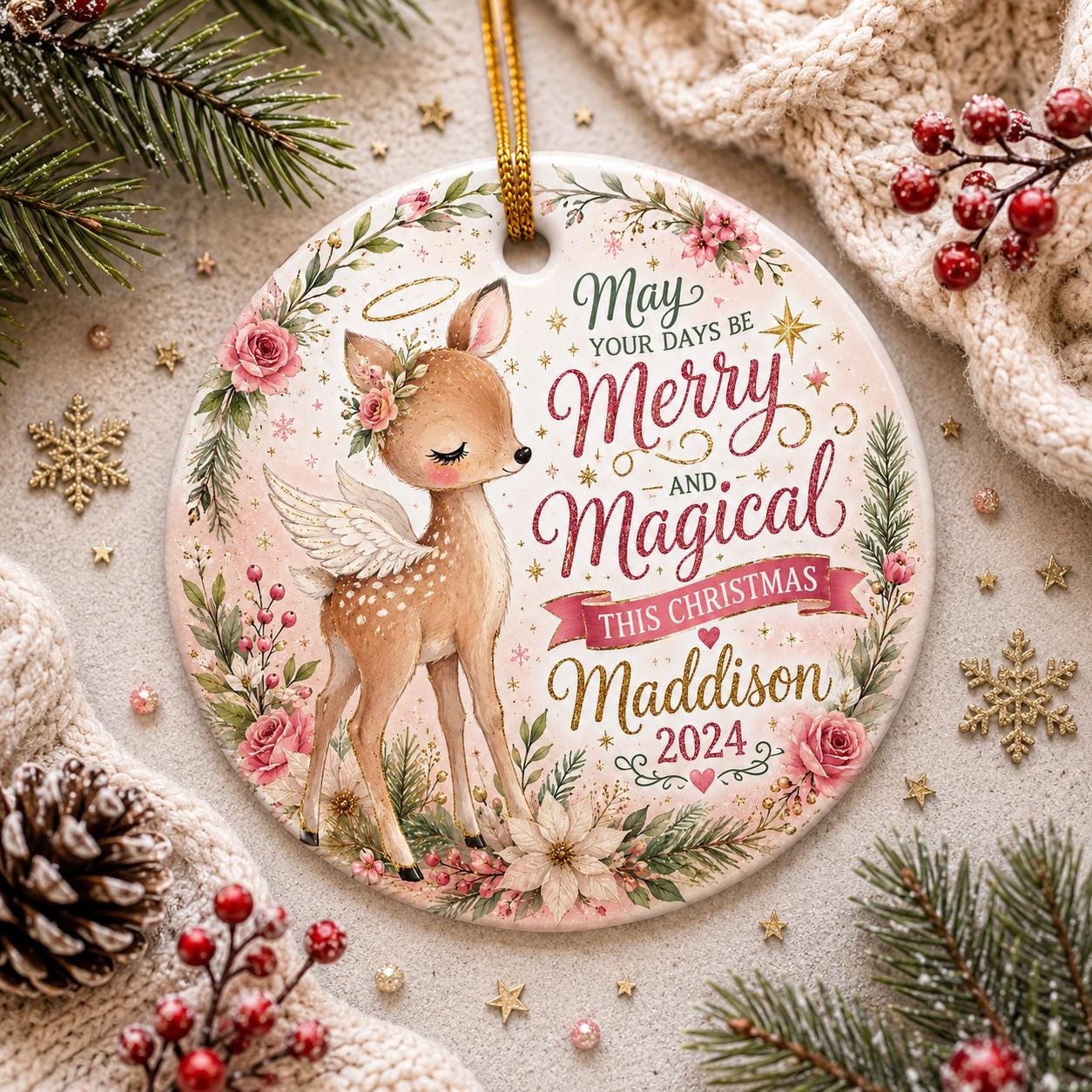 Angel Fawn Ceramic Ornament, Floral Deer Wreath, Watercolor Christmas KeepsakePersonalized