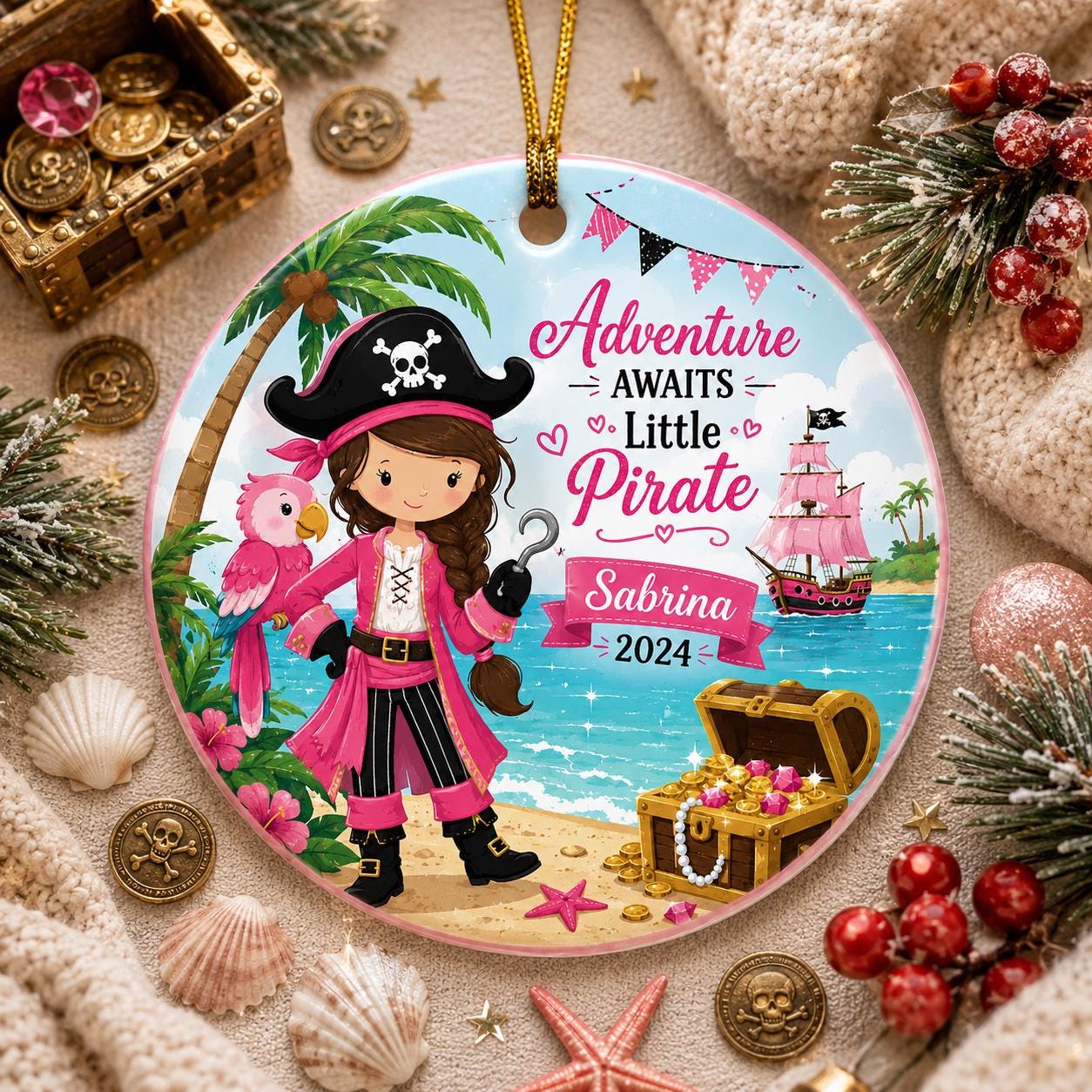 Pirate Girl Ornament, Pink Parrot Island Theme, Kids Christmas KeepsakePersonalized