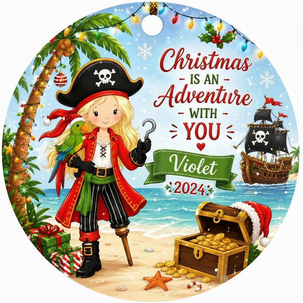 Pirate Girl Ornament, Tropical Island Parrot Christmas KeepsakePersonalized