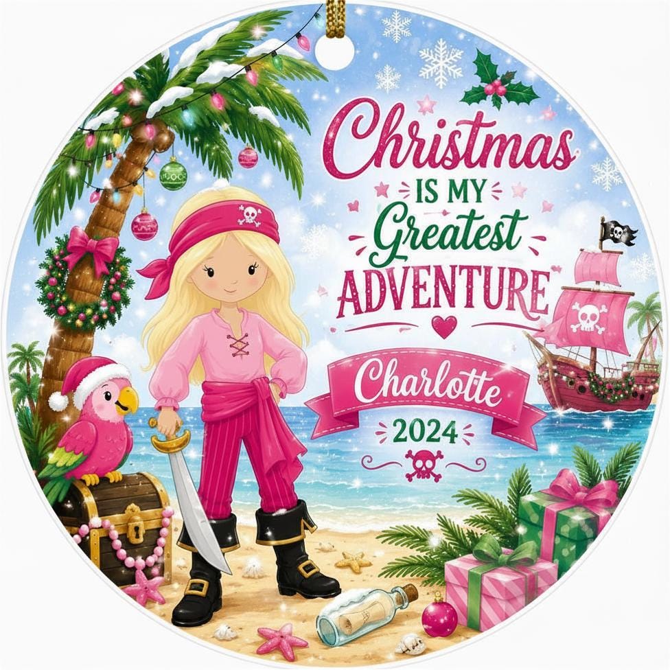 Girl Pirate Christmas Ornament, Tropical Beach Island Decor, Ceramic Swashbuckler ArtPersonalized