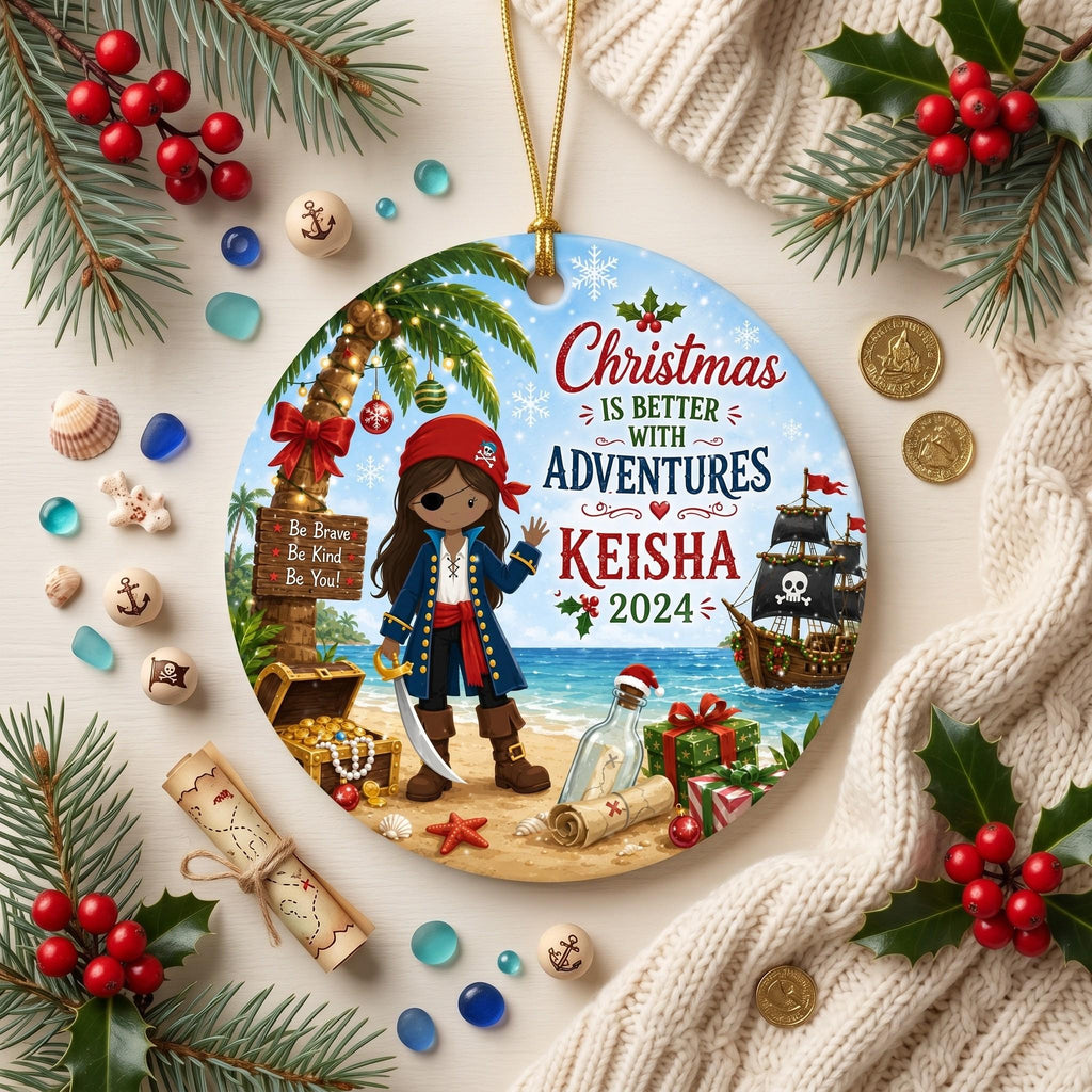 Pirate Girl Captain Ornament, Tropical Island Christmas KeepsakePersonalized