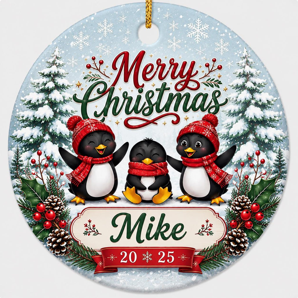 Penguin Family Christmas Ornament, Winter Forest Ceramic Trio KeepsakePersonalized