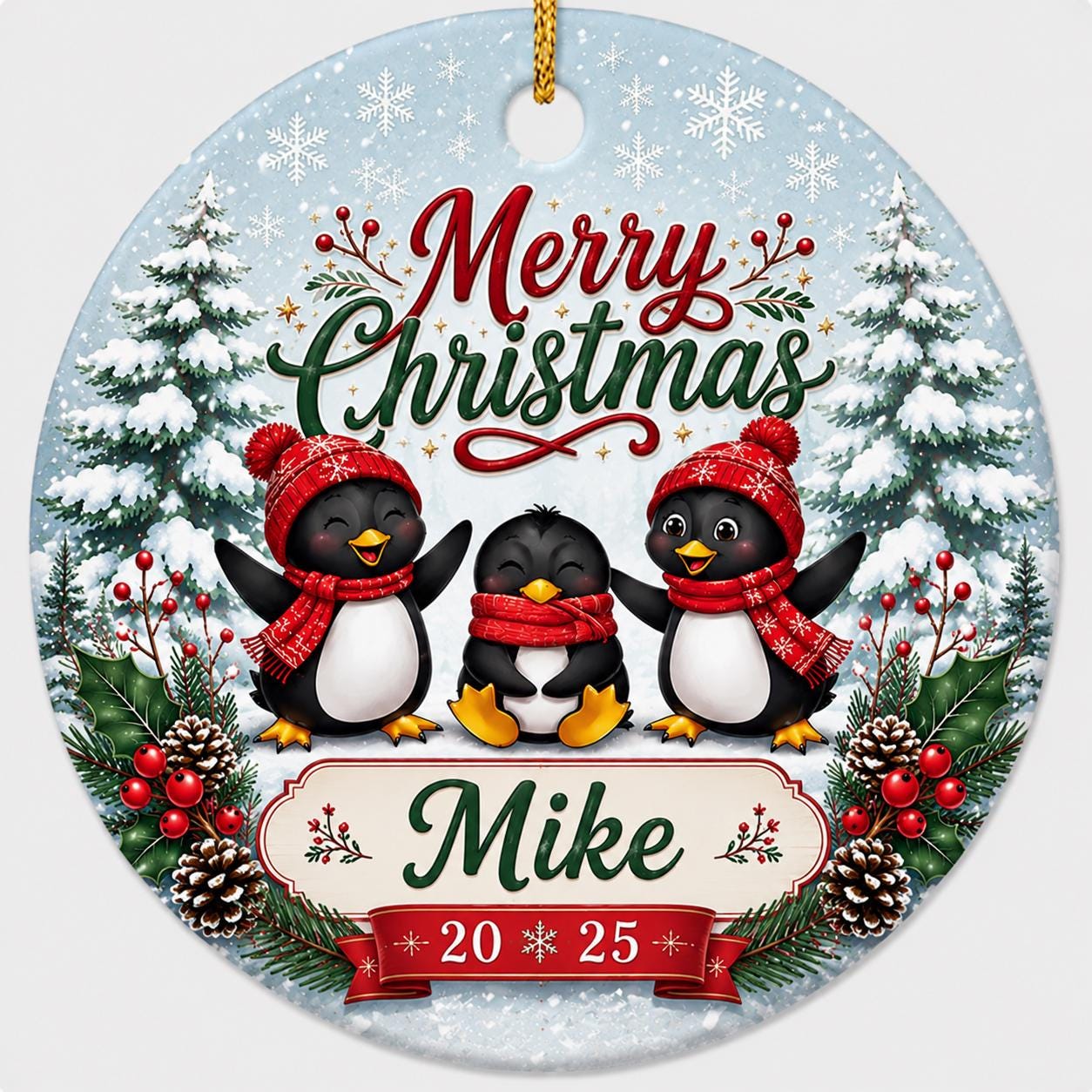 Penguin Family Christmas Ornament, Winter Forest Ceramic Trio KeepsakePersonalized