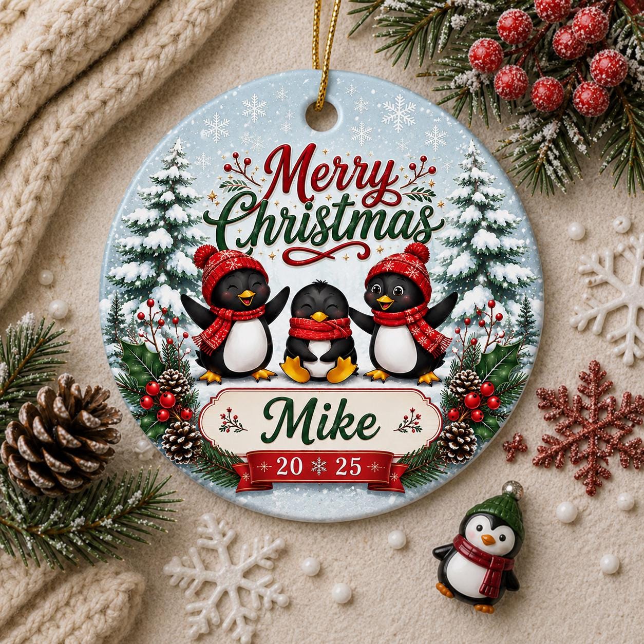 Penguin Family Christmas Ornament, Winter Forest Ceramic Trio KeepsakePersonalized