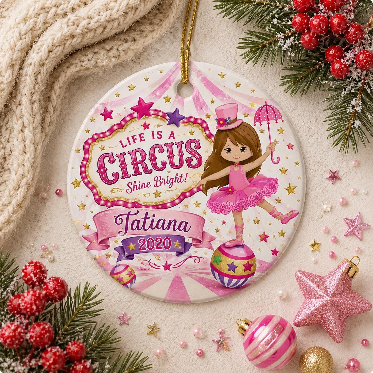 Circus Ballerina Ornament, Custom Name Acrobat Keepsake, Pink Big Top DecorPersonalized