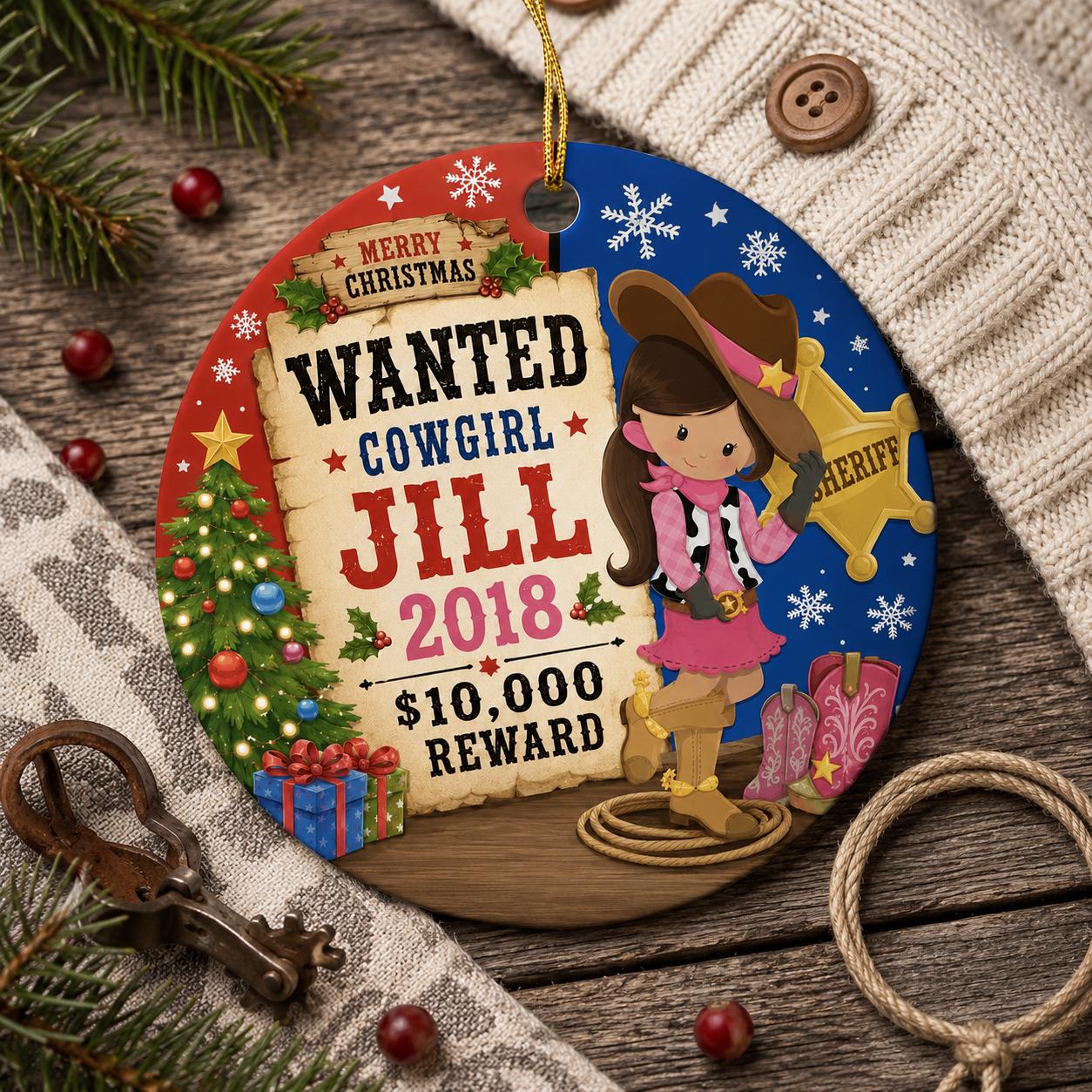 Cowgirl Wanted Poster Ornament, Custom Western Keepsake, Horse Lover GiftPersonalized