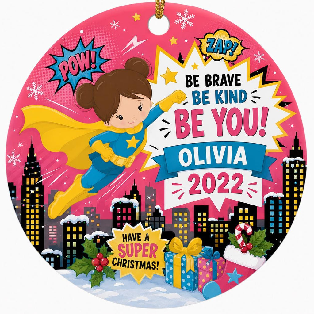 Flying Superhero Girl Ornament, Custom Name Hero Gift, Comic City KeepsakePersonalized