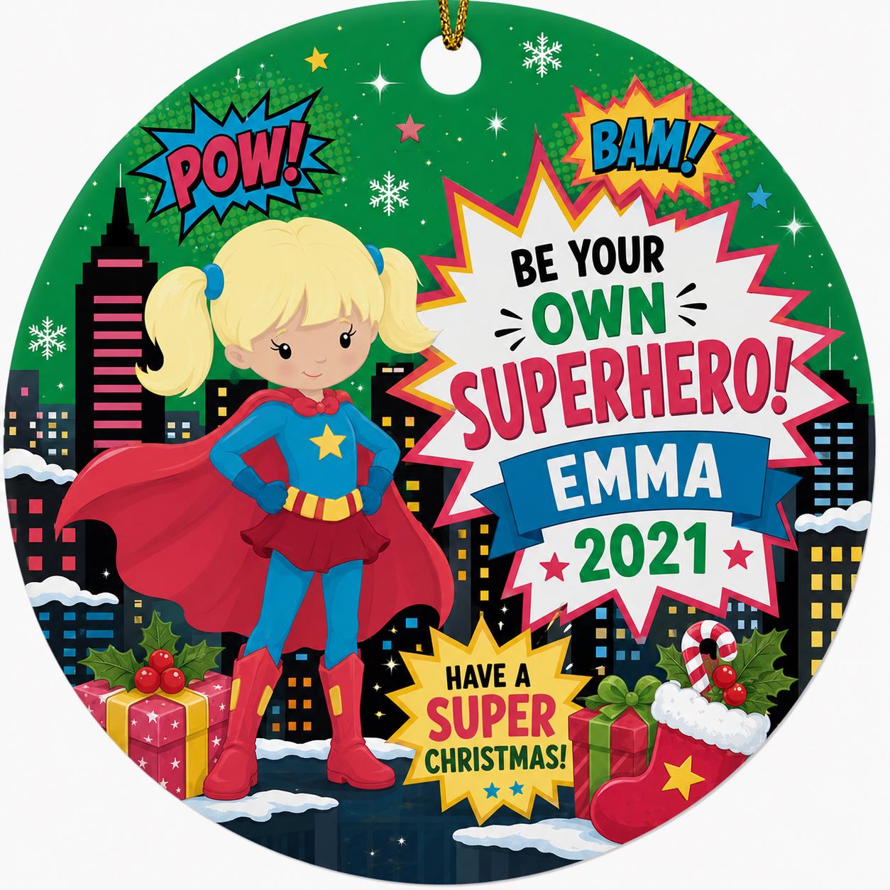 Blonde Superhero Girl Ornament, Custom Comic Name Keepsake, Whimsical Girl Power ArtPersonalized