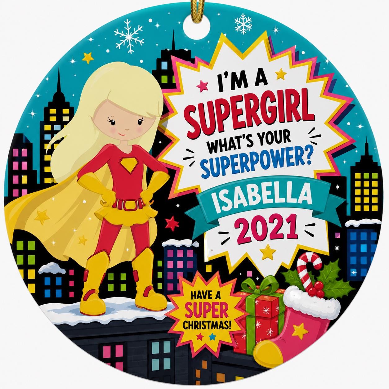 Superhero Girl Ornament, Blonde Hero, Comic Art, Ceramic Keepsake, Whimsical Red YellowPersonalized