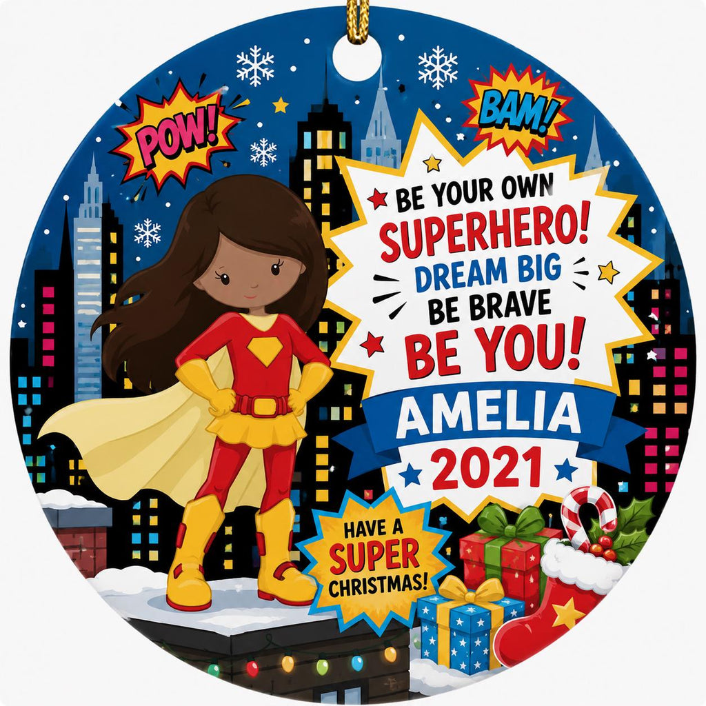 Superhero Girl Ceramic Ornament, Custom Comic Style Decor, Little Hero KeepsakePersonalized
